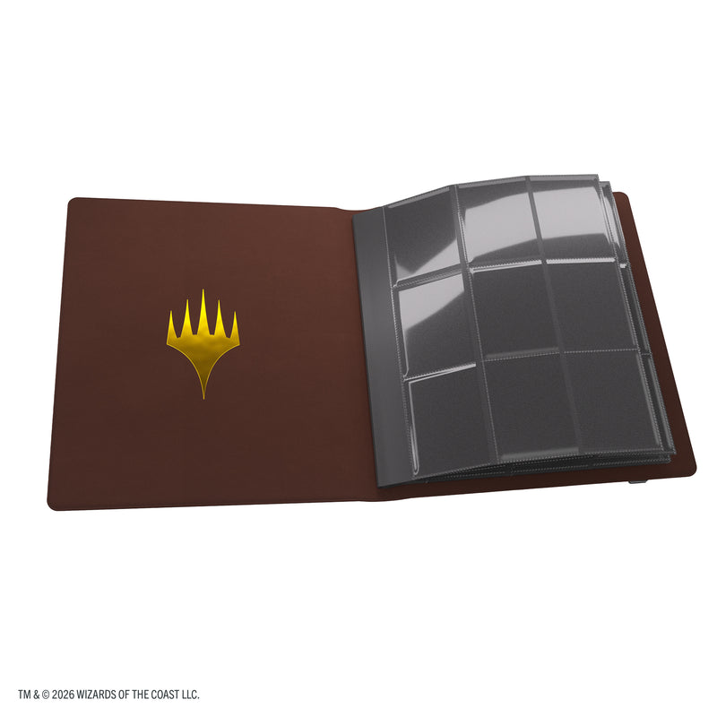 Load image into Gallery viewer, Magic: The Gathering | Secrets of Strixhaven Cards Almanac Slipcase Album 18-Pocket - Silverquill - view of open album showing front cover with gold Magic: The Gathering Logo and card sheet.

