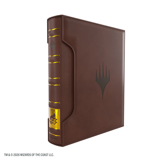 Magic: The Gathering | Secrets of Strixhaven Cards Almanac Slipcase Album 18-Pocket - Prismari - view of front of brown album inside slipcase with Magic: The Gathering Logo. 
