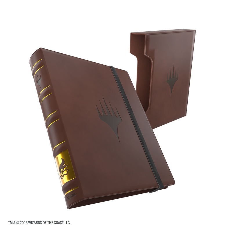Load image into Gallery viewer, Magic: The Gathering | Secrets of Strixhaven Cards Almanac Slipcase Album 18-Pocket - Prismari - view of brown album with Magic: The Gathering logo in black on cover, with slipcase shown in the background.

