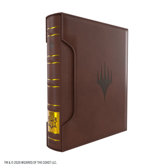 Magic: The Gathering | Secrets of Strixhaven Cards Almanac Slipcase Album 18-Pocket - Lorehold - view of front of brown album inside slide case with Magic the Gathering logo.