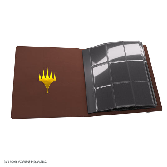 Magic: The Gathering | Secrets of Strixhaven Cards Almanac Slipcase Album 18-Pocket - Lorehold - view of open album showing front cover with gold Magic the Gathering logo and 9 pocket card sheet.
