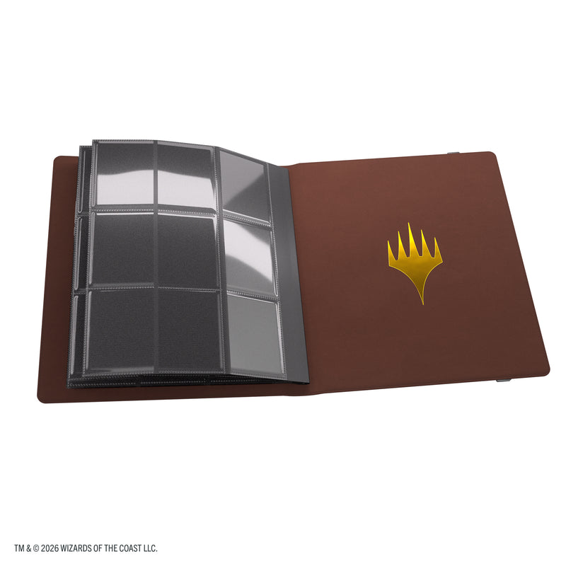 Load image into Gallery viewer, Magic: The Gathering | Secrets of Strixhaven Cards Almanac Slipcase Album 18-Pocket - Lorehold - view of open album showing back cover with gold Magic the Gathering logo and 9 pocket card sheet.
