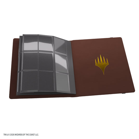 Magic: The Gathering | Secrets of Strixhaven Cards Almanac Slipcase Album 18-Pocket - Witherbloom - view of open album showing back cover with Magic the Gathering logo in Gold and 9 pocket card sheet.