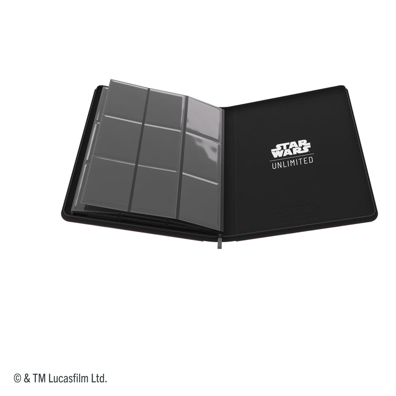 Load image into Gallery viewer, Star Wars: Unlimited Zip-Up Album 18-Pocket - The Armorer &amp; Whistling Birds - view of open album showing Star Wars Unlimited branding and card sheets.
