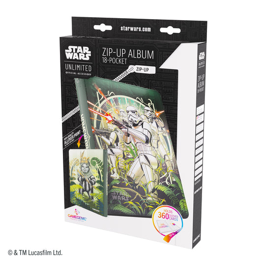 Star Wars: Unlimited Zip-Up Album 18-Pocket - The First Legion & Teebo - Front of packaging with images of zip-up album featuring art of The First Legion and Teebo. 