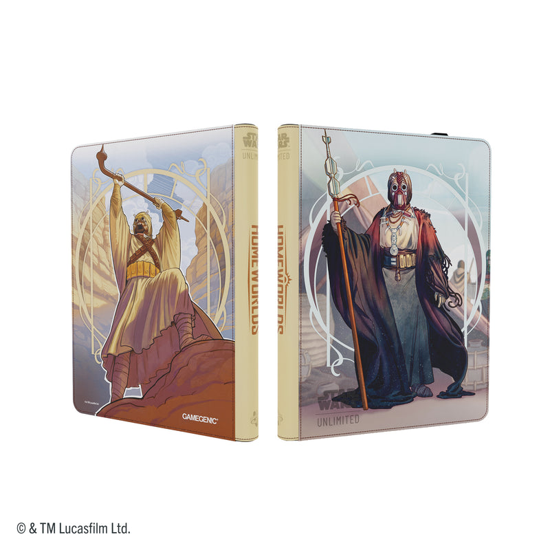 Load image into Gallery viewer, Star Wars: Unlimited Zip-Up Album 18-Pocket - The Chieftain &amp; A'Kobe - View of front and back of zip-up card album featuring art of Star Wars characters. 
