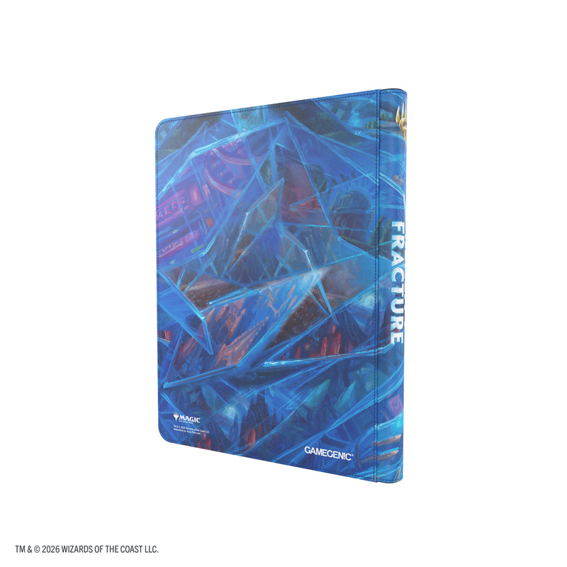 Load image into Gallery viewer, Magic: The Gathering | Reality Fracture Zip-Up Album 18-Pocket - Overwrite the Multiverse - View of back of card album with blue art design and Fracture written in white on the spine.
