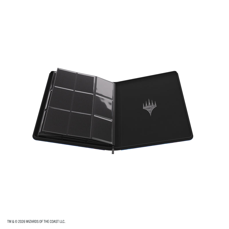 Load image into Gallery viewer, Magic: The Gathering | Reality Fracture Zip-Up Album 18-Pocket - Overwrite the Multiverse - View of open album showing card sheets and back cover with Magic the Gathering logo.
