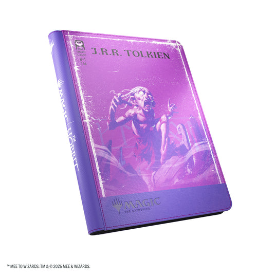 Magic: The Gathering | The Hobbit Zip-Up Album 18-Pocket  - Gollum, Riddle Master/The Lonely Mountain - View of front of card album featuring art of Gollum on a pink and purple background.