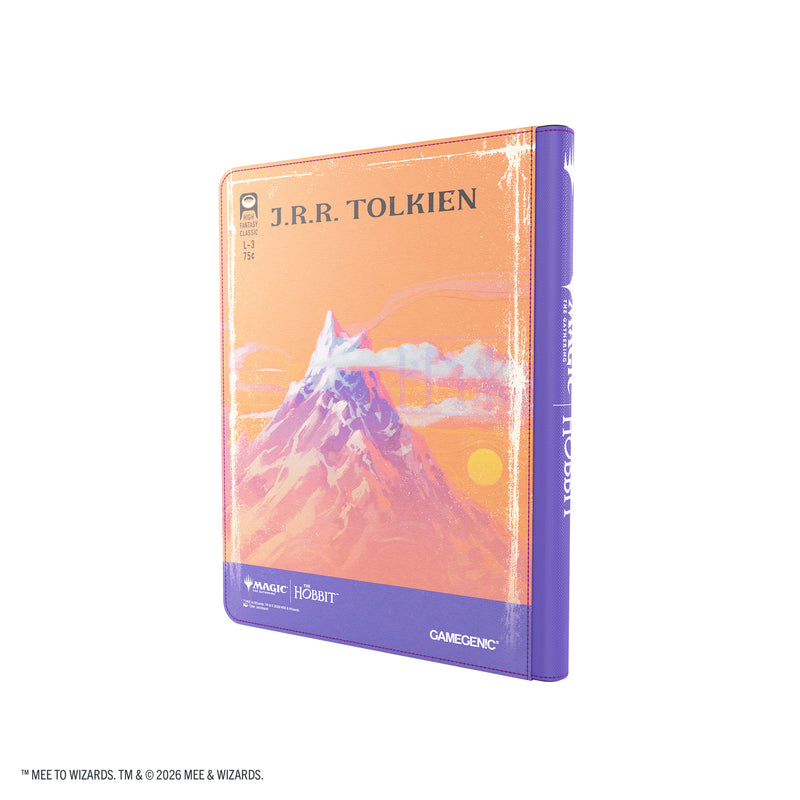Load image into Gallery viewer, Magic: The Gathering | The Hobbit Zip-Up Album 18-Pocket  - Gollum, Riddle Master/The Lonely Mountain - View of back of card album featuring art of The Lonely Mountain on orange background with purple book spine. 
