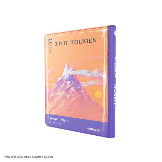 Magic: The Gathering | The Hobbit Zip-Up Album 18-Pocket  - Gollum, Riddle Master/The Lonely Mountain - View of back of card album featuring art of The Lonely Mountain on orange background with purple book spine. 