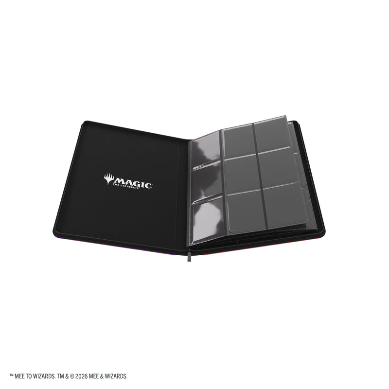 Load image into Gallery viewer, Magic: The Gathering | The Hobbit Zip-Up Album 18-Pocket  - Gollum, Riddle Master/The Lonely Mountain - View of open card album showing Magic the Gathering branding on front inside cover, and card sheets. 
