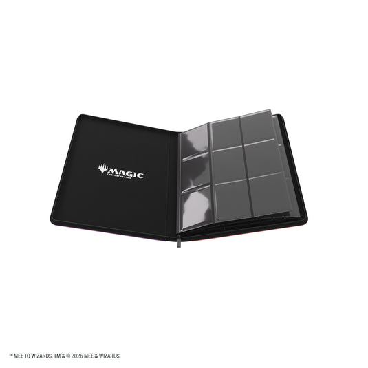 Magic: The Gathering | The Hobbit Zip-Up Album 18-Pocket  - Gollum, Riddle Master/The Lonely Mountain - View of open card album showing Magic the Gathering branding on front inside cover, and card sheets. 