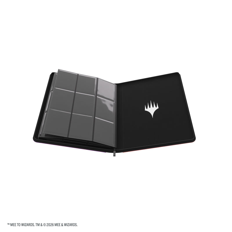 Load image into Gallery viewer, Magic: The Gathering | The Hobbit Zip-Up Album 18-Pocket  - Gollum, Riddle Master/The Lonely Mountain - View of open card album showing Magic the Gathering logo on back inside cover, and card sheets. 
