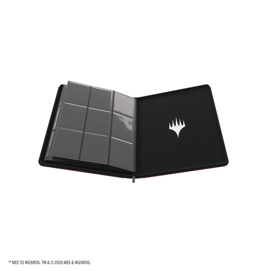 Magic: The Gathering | The Hobbit Zip-Up Album 18-Pocket  - Gollum, Riddle Master/The Lonely Mountain - View of open card album showing Magic the Gathering logo on back inside cover, and card sheets. 