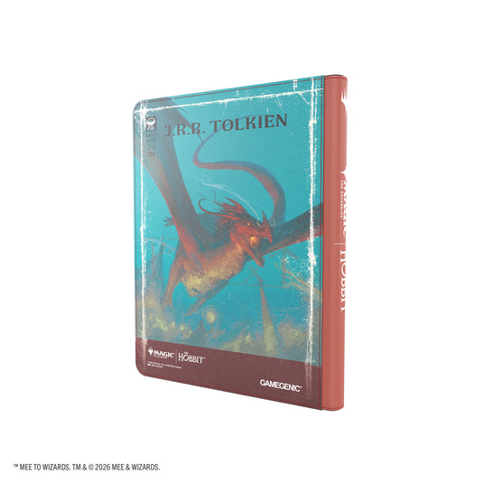 Magic: The Gathering | The Hobbit Zip-Up Album 18-Pocket  - The Arkenstone/Smaug, Worm of Dread - View of back of card album featuring art of Smaug flying over pile of treasure. 