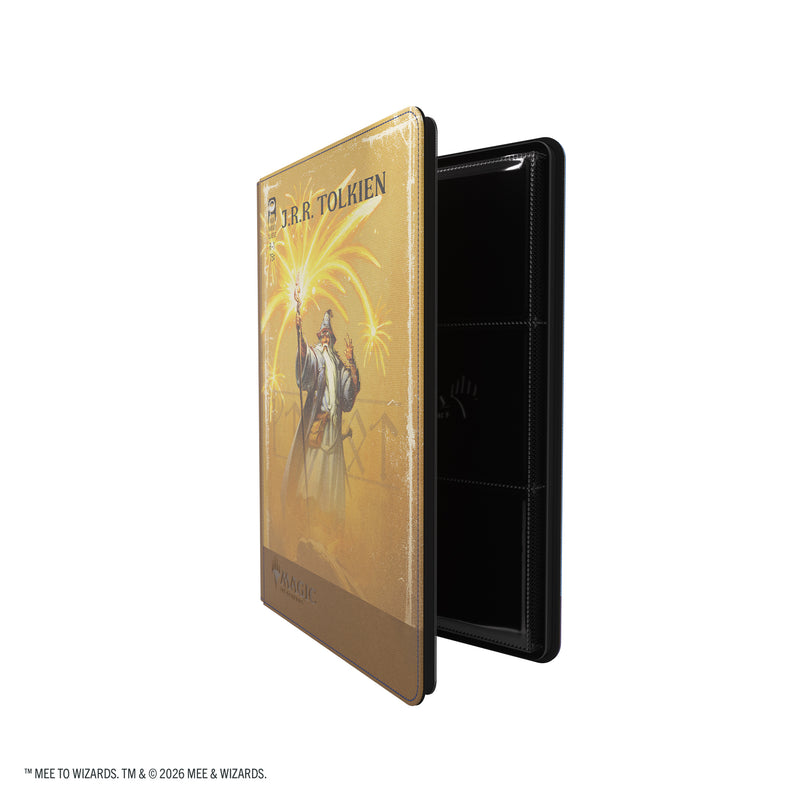 Load image into Gallery viewer, Magic: The Gathering | The Hobbit Zip-Up Album 18-Pocket  - Gandalf, Goblin's Bane/The Lord of the Eagles - View of partially open card album showing front cover and card sheets. 
