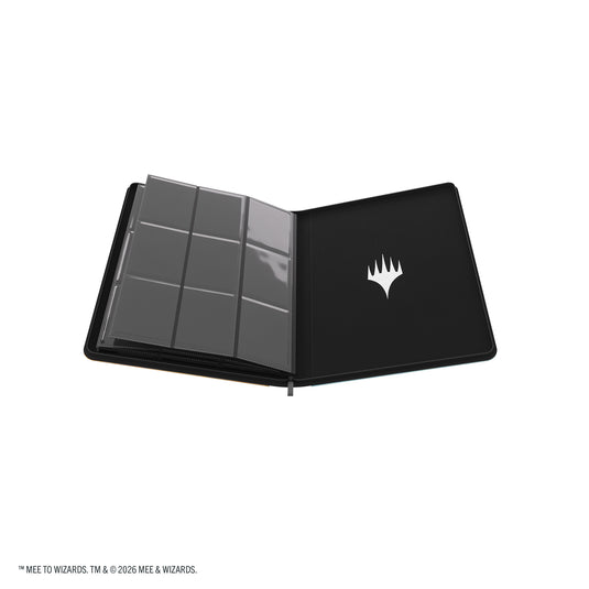 Magic: The Gathering | The Hobbit Zip-Up Album 18-Pocket  - Gandalf, Goblin's Bane/The Lord of the Eagles - View of open card album showing inner back cover with Magic the Gathering logo and card sheets. 