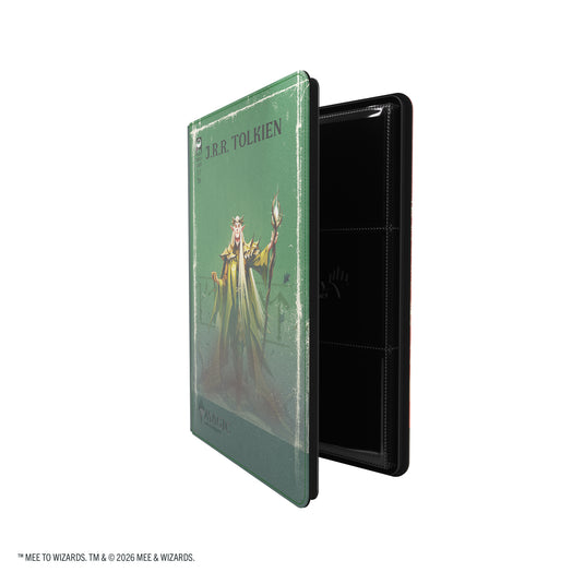 Magic: The Gathering | The Hobbit Zip-Up Album 18-Pocket  - Thranduil, the Elvenking/The Mountain-King - View of partially open card album showing front cover and card sheets. 
