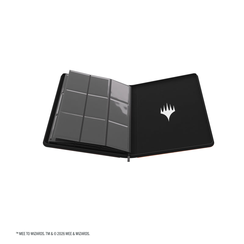 Load image into Gallery viewer, Magic: The Gathering | The Hobbit Zip-Up Album 18-Pocket  - Thranduil, the Elvenking/The Mountain-King - View of open card album showing inner back cover with Magic the Gathering logo and card sheets. 
