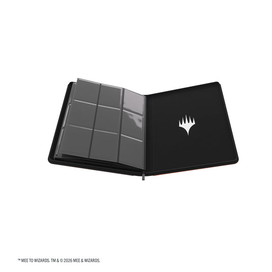 Magic: The Gathering | The Hobbit Zip-Up Album 18-Pocket  - Thranduil, the Elvenking/The Mountain-King - View of open card album showing inner back cover with Magic the Gathering logo and card sheets. 