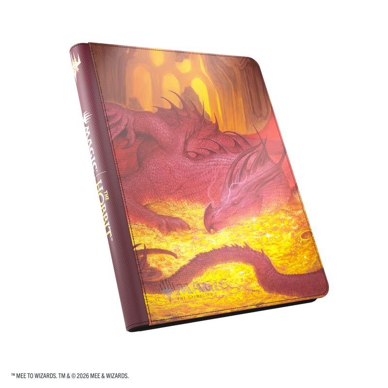 Load image into Gallery viewer, Magic: The Gathering | The Hobbit Zip-Up Album 18-Pocket - Smaug's Mox Amber - View of front of card album featuring art of Smaug sleeping on top of pile of treasure. 
