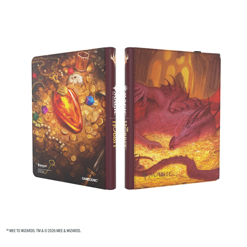 Load image into Gallery viewer, Magic: The Gathering | The Hobbit Zip-Up Album 18-Pocket - Smaug's Mox Amber - View of front and back covers of card album featuring art of Smaug and treasures. 
