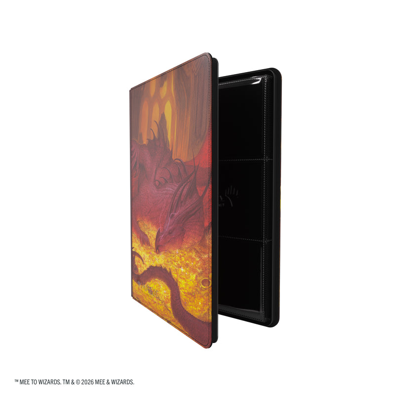 Load image into Gallery viewer, Magic: The Gathering | The Hobbit Zip-Up Album 18-Pocket - Smaug's Mox Amber - View of partially open card album showing front cover and card sheets. 
