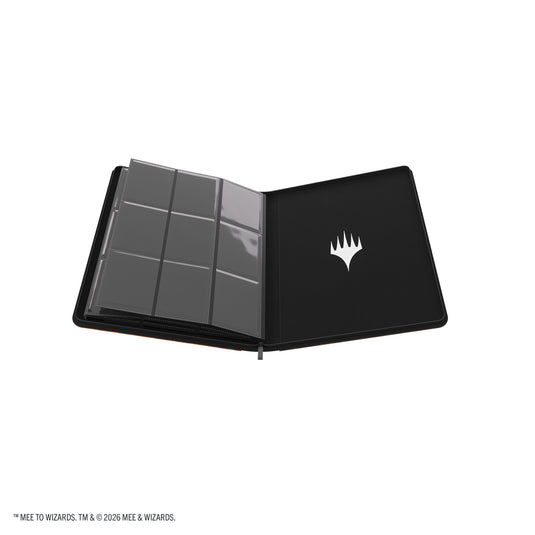 Magic: The Gathering | The Hobbit Zip-Up Album 18-Pocket - Smaug's Mox Amber - View of open card album showing inner back cover with Magic the Gathering logo and card sheets. 