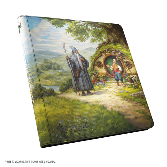 Magic: The Gathering | The Hobbit Zip-Up Album 24-Pocket - The Shire - View of front of card album featuring art of Gandalf and Bilbo Baggins in The Shire. 