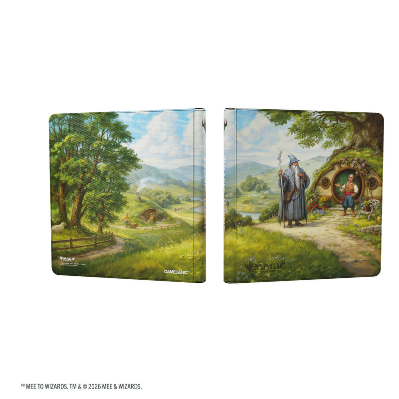Load image into Gallery viewer, Magic: The Gathering | The Hobbit Zip-Up Album 24-Pocket - The Shire - View of front and back covers of card album featuring art of the Shire. 
