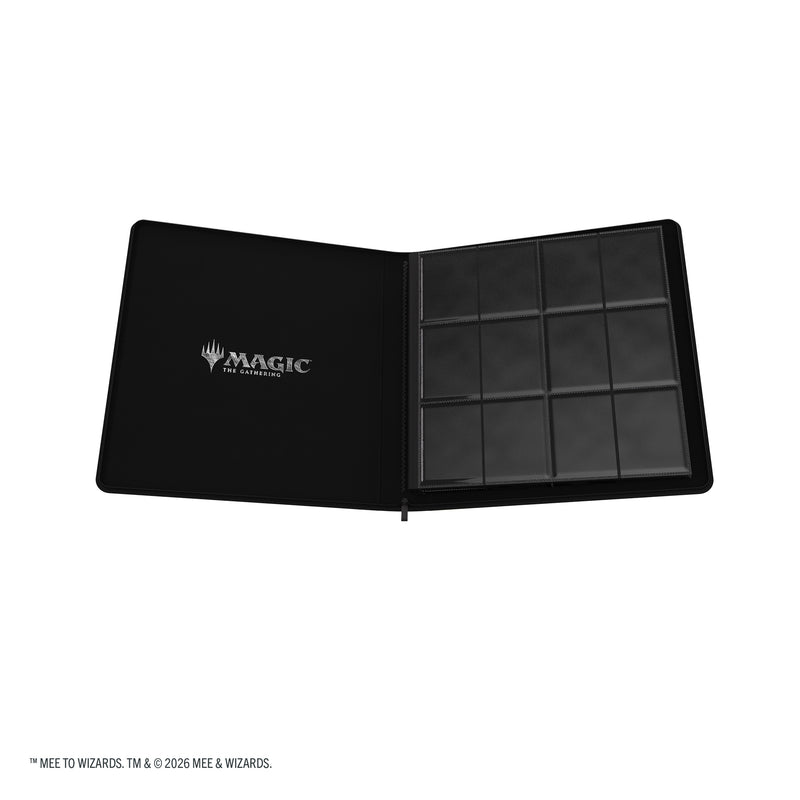 Load image into Gallery viewer, Magic: The Gathering | The Hobbit Zip-Up Album 24-Pocket - The Shire - View of open card album showing inner front cover with Magic the Gathering branding and chard sheets. 
