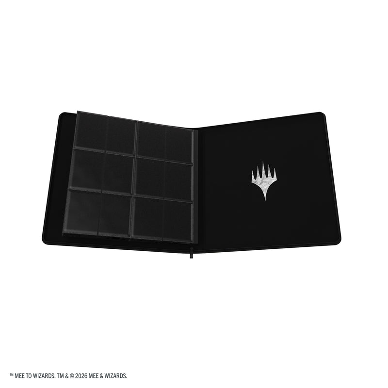 Load image into Gallery viewer, Magic: The Gathering | The Hobbit Zip-Up Album 24-Pocket - The Shire - View of open card album showing inner back cover with Magic the Gathering Logo and card sheets. 
