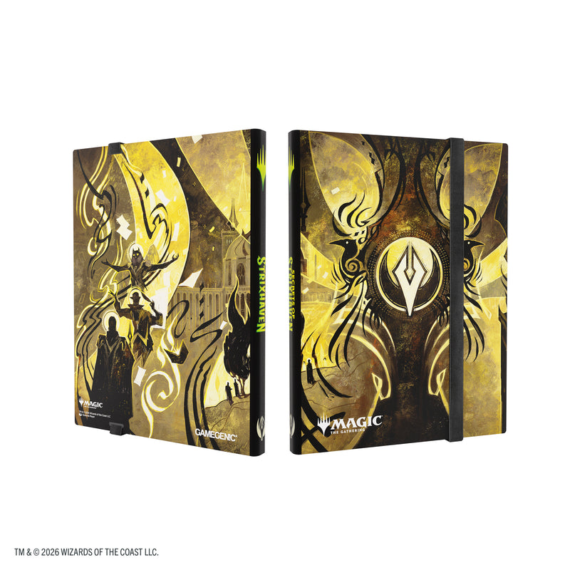 Load image into Gallery viewer, Magic: The Gathering | Secrets of Strixhaven Casual Album 18-Pocket  - Silverquill - view of front and back of album featuring black and gold Silverquill art design.
