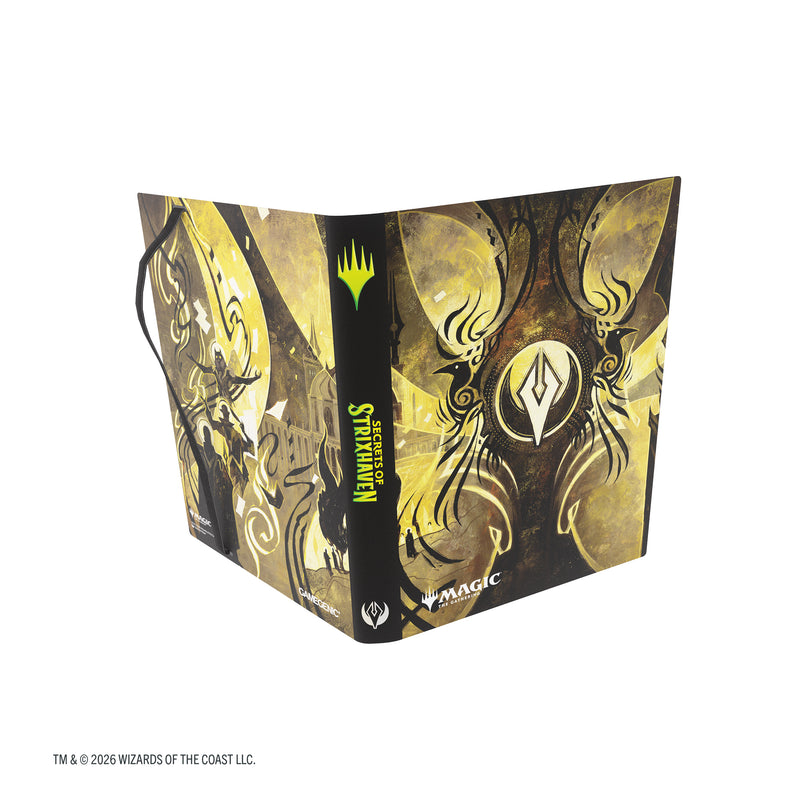 Load image into Gallery viewer, Magic: The Gathering | Secrets of Strixhaven Casual Album 18-Pocket  - Silverquill - view of front and back of album featuring black and gold Silverquill art design.
