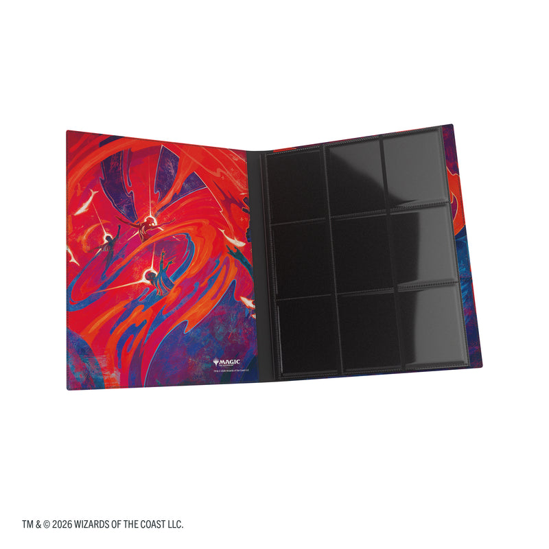 Load image into Gallery viewer, Magic: The Gathering | Secrets of Strixhaven Casual Album 18-Pocket  - Prismari - view of open album showing front cover and card sheet.
