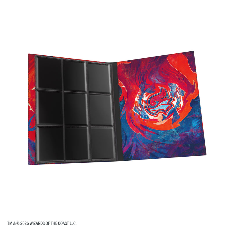 Load image into Gallery viewer, Magic: The Gathering | Secrets of Strixhaven Casual Album 18-Pocket  - Prismari - view of open album showing back cover and card sheet.
