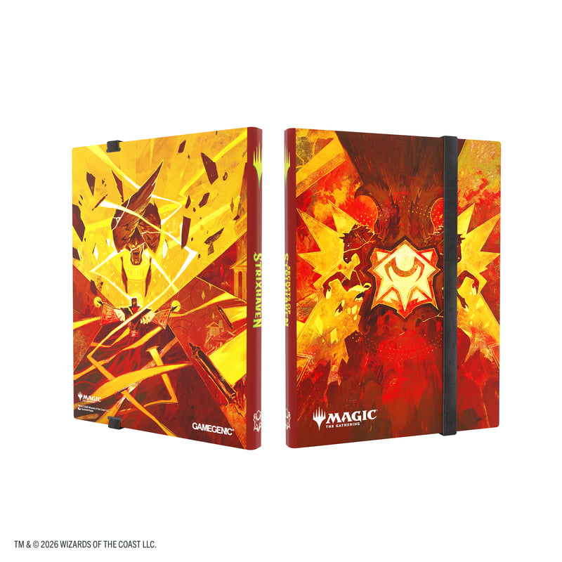Load image into Gallery viewer, Magic: The Gathering | Secrets of Strixhaven Casual Album 18-Pocket  - Lorehold - view of front and back of album featuring red and gold Lorehold art design. 

