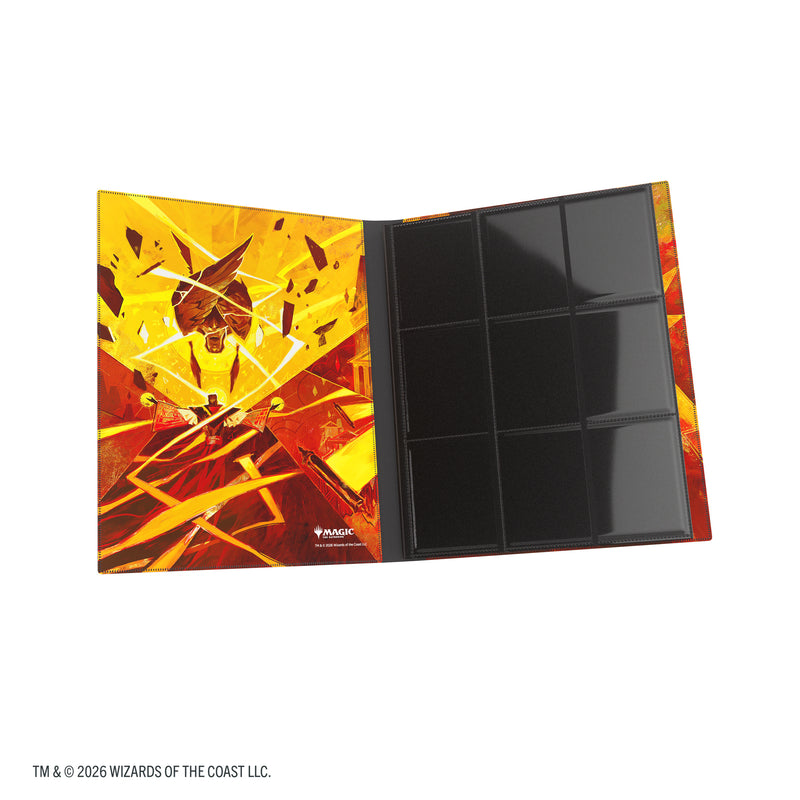 Load image into Gallery viewer, Magic: The Gathering | Secrets of Strixhaven Casual Album 18-Pocket  - Lorehold - view of open album showing front cover and card sheet.
