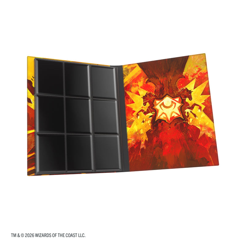 Load image into Gallery viewer, Magic: The Gathering | Secrets of Strixhaven Casual Album 18-Pocket  - Lorehold - view of open album showing back cover and card sheet.
