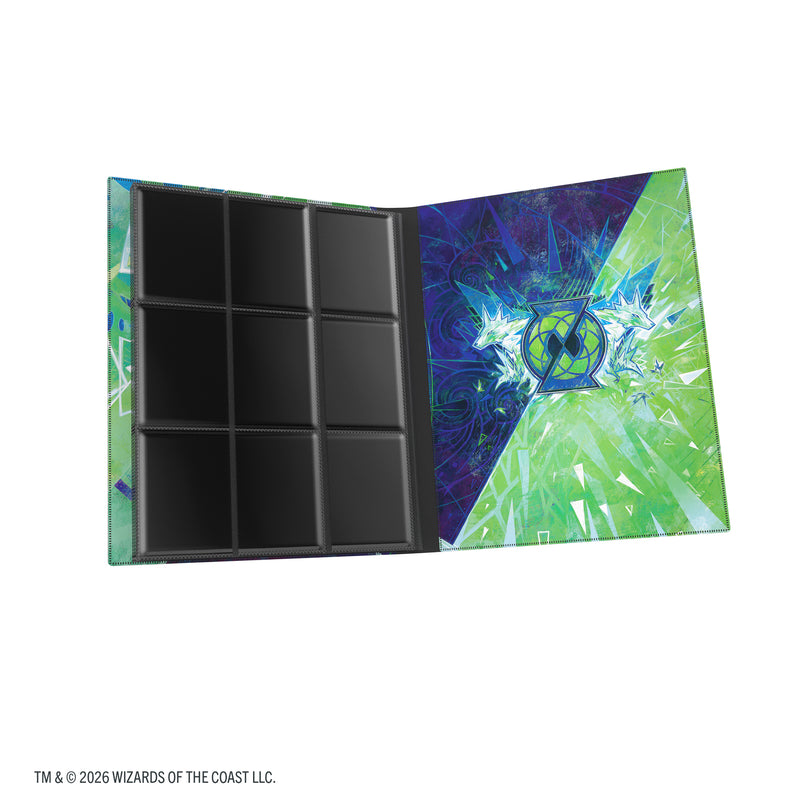 Load image into Gallery viewer, Magic: The Gathering | Secrets of Strixhaven Casual Album 18-Pocket  - Quandrix - view of open album showing back cover and cart sheet.
