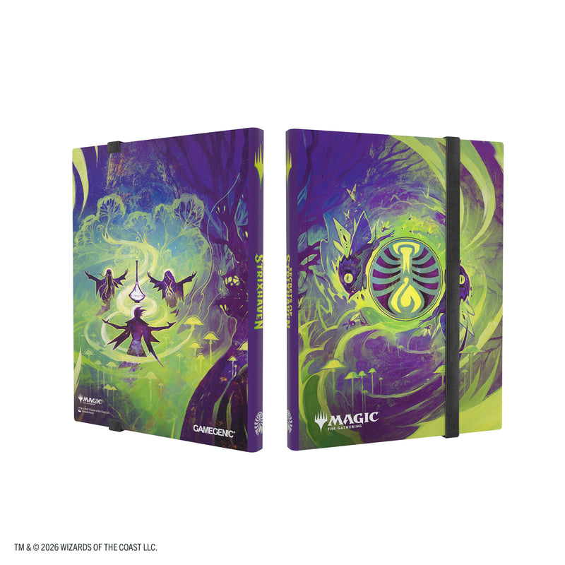 Load image into Gallery viewer, Magic: The Gathering | Secrets of Strixhaven Casual Album 18-Pocket  - Witherbloom - view of front and back of album featuring purple and green  Witherbloom art design.
