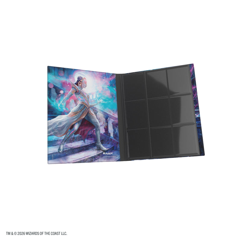 Load image into Gallery viewer, Magic: The Gathering | Reality Fracture Casual Album 18-Pocket  - Liliana, Devoted Healer/Liliana, Callous Necromancer - View of open card album showing inside front cover and card sheets.
