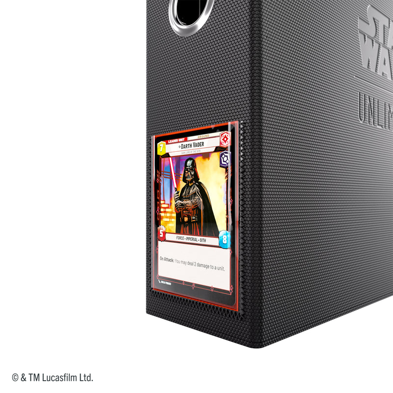 Load image into Gallery viewer, Star Wars: Unlimited Premium Cardport 18-Pocket - Close up view of binder spine with sample Darth Vader card shown in the card holder. 
