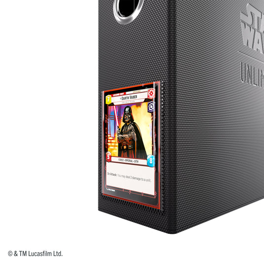 Star Wars: Unlimited Premium Cardport 18-Pocket - Close up view of binder spine with sample Darth Vader card shown in the card holder. 