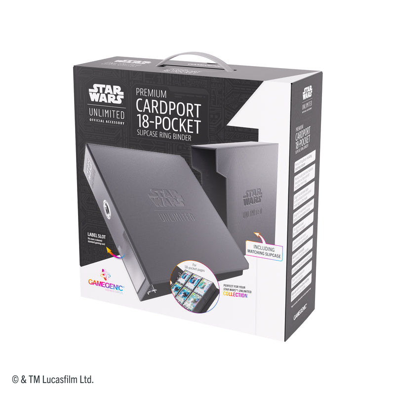Load image into Gallery viewer, Star Wars: Unlimited Premium Cardport 18-Pocket - Front of packaging with images of binder and binder slipcase. 
