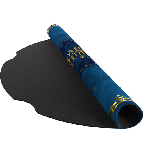Take Time Premium Game Mat - view of partially rolled up game mat with blue circular design. 
