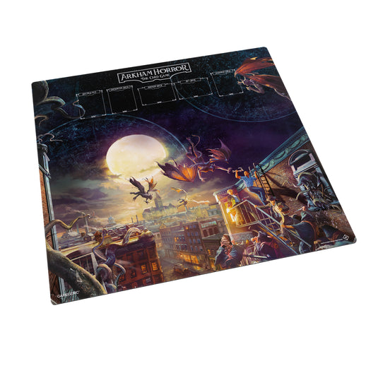 Image of Arkham Horror: Center Game Mat 70x70 cm with dark cityscape and moonlit sky design