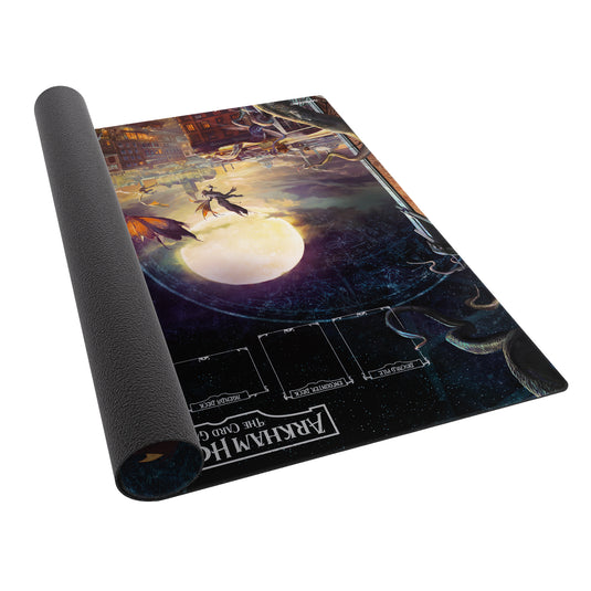 Image of Arkham Horror: Center Game Mat 70x70 cm with dark cityscape and moonlit sky design partially rolled-up