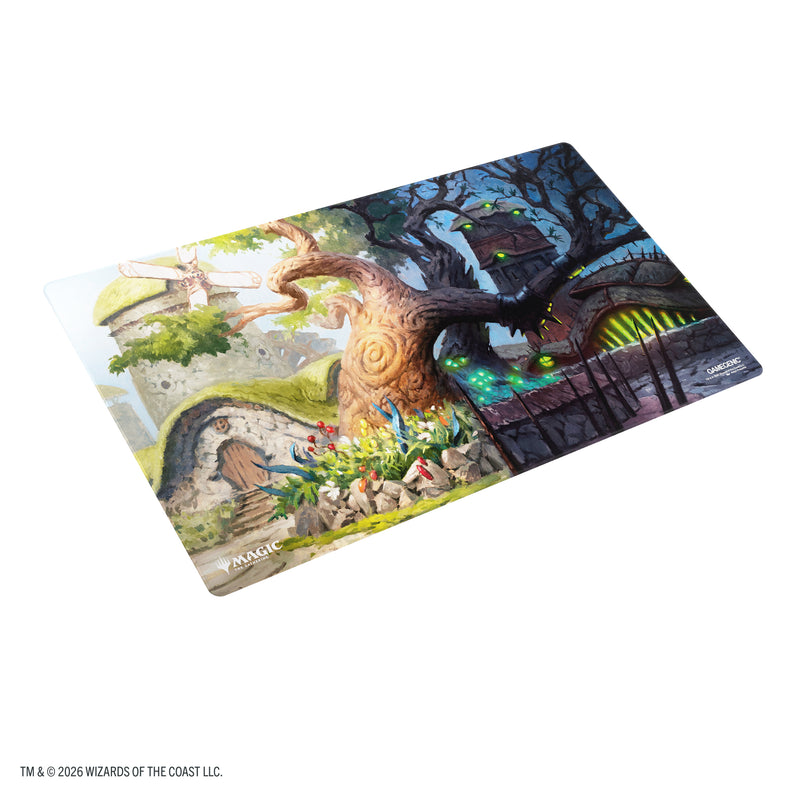 Load image into Gallery viewer, Magic: The Gathering | Lorwyn Eclipsed Shiny Playmat - Temple Garden with artwork of temple garden in day and nighttime.
